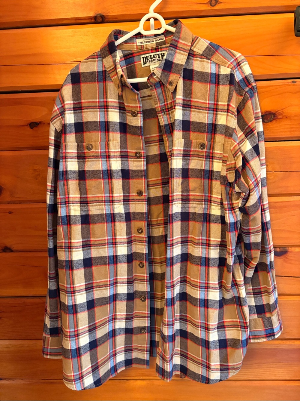 Duluth Trading Co Tan and Blue Plaid Button-Down Shirt